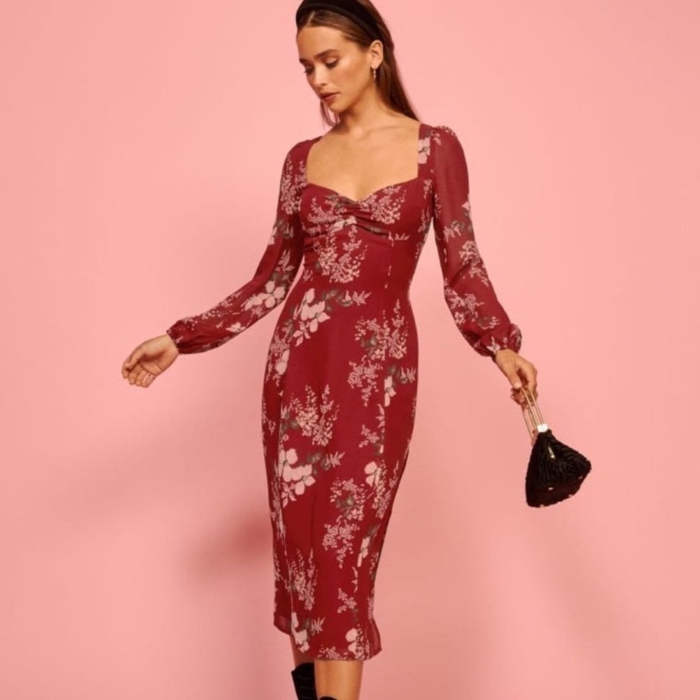 REFORMATION Red Floral‎ Mabille Midi Dress Size 2